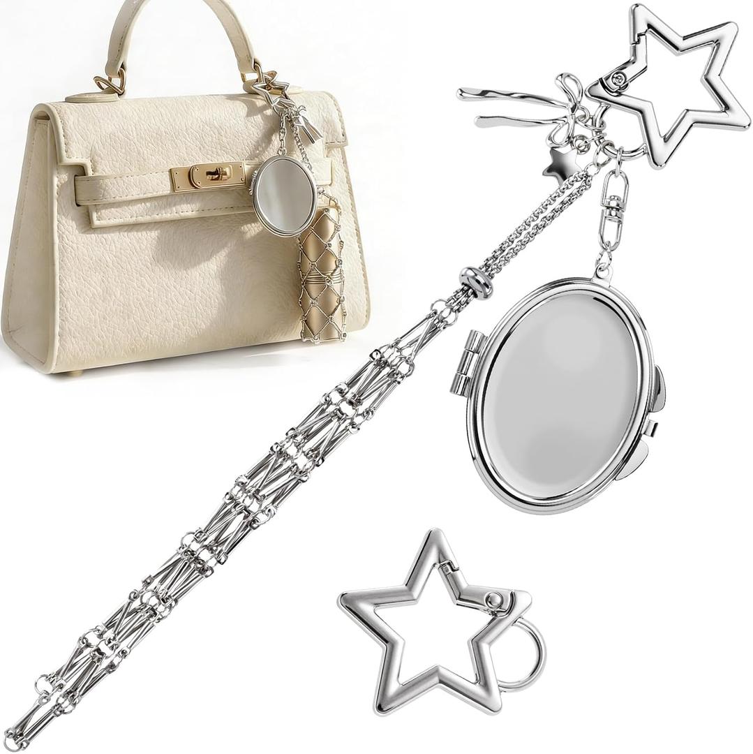 PAGOW 2pcs Lipgloss Holder Keychain Star Keyring, Silver Star Chapstick Holder Key Chain with Mirror, Decorative Y2K Lip Balm Lipstick Keychains Bag Charm Accessories for Purse, Handbags (Silver, S)