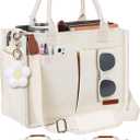 FIORETTO Womens Canvas Tote Bag Purse with Individual Compartment, Zipper Top, Reinforced Bottom & Luggage Sleeve, Ivory White