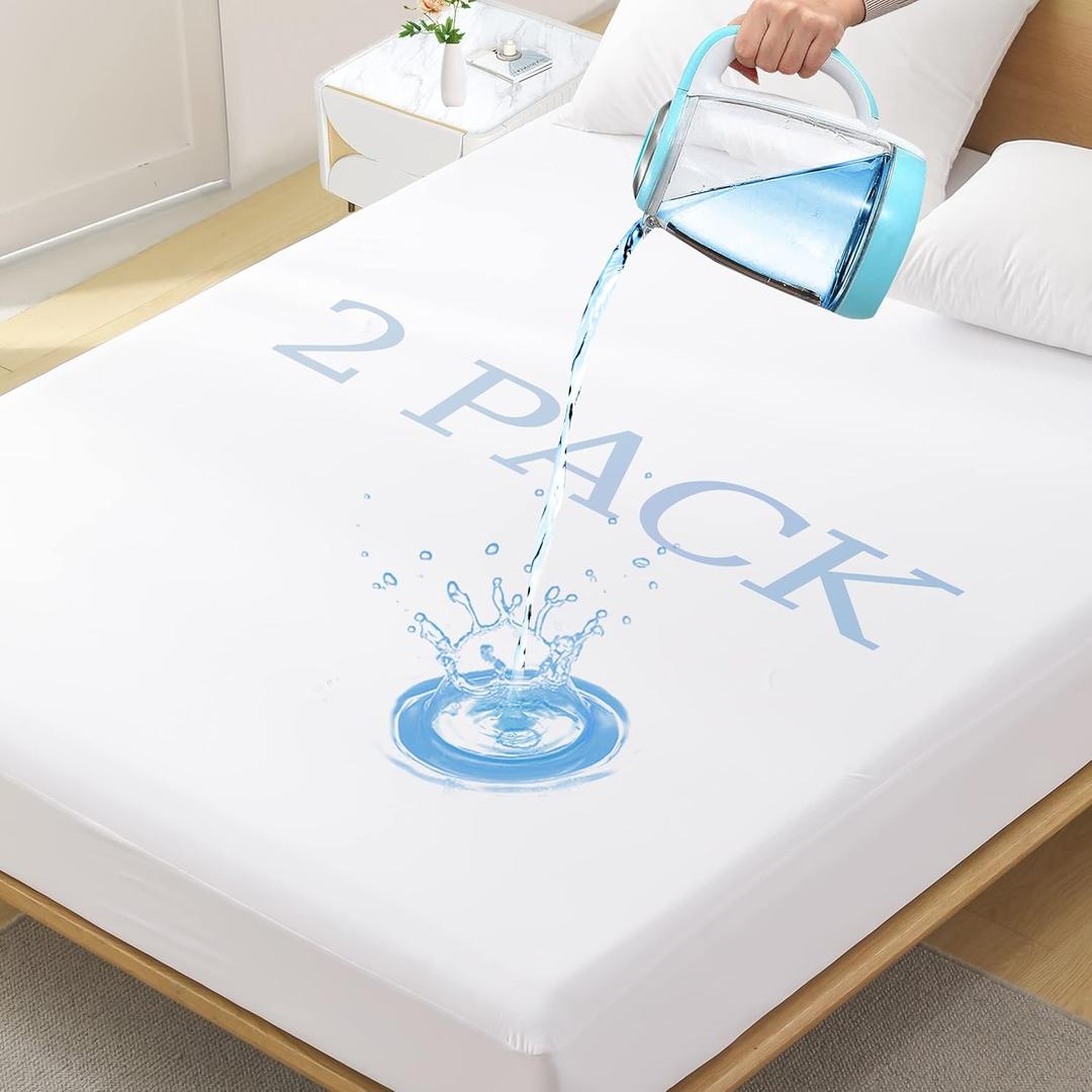 2 Pack Twin Size Premium Waterproof Mattress Protector, Soft Breathable Mattress Pad, Noiseless Waterproof Bed Cover - Stretch to 21" Fitted Deep Pocket Mattress Protection (Basic White - 2pack)