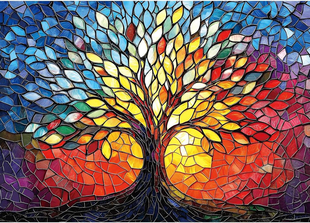 Puzzles for Adults 1000 Pieces Stained Glass Tree of Life Puzzle for Adults Colorful Mosaic Jigsaw Puzzles 1000 Pieces with Letters on Back Hard Impossible Difficult Challenging Family Puzzle