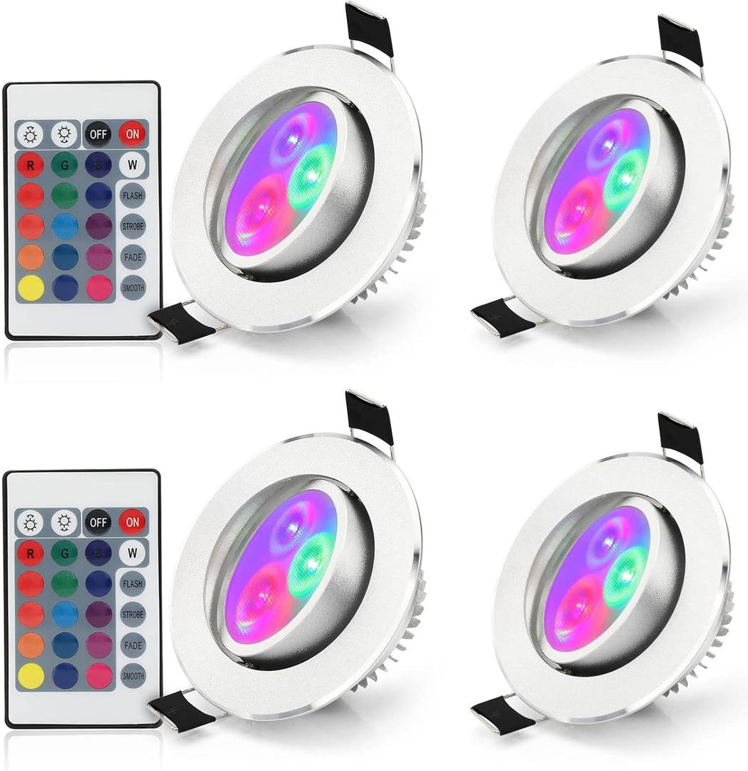 4 Pack LED Color Changing Recessed Lighting 3W RGB Downlight Retrofit Fixture 3 inch Gimbal Recessed Lighting 16 Color Changing Ceiling Light