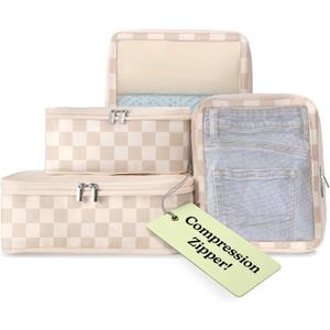 Vandel Space-Saving Compression Packing Cubes for Women, Men, Compressible Carry On Suit Case Organizer Luggage Packing Cubes for Travel Organizer Bags for Luggage and Backpacks, Suitcase Cube (Neutral Checker)