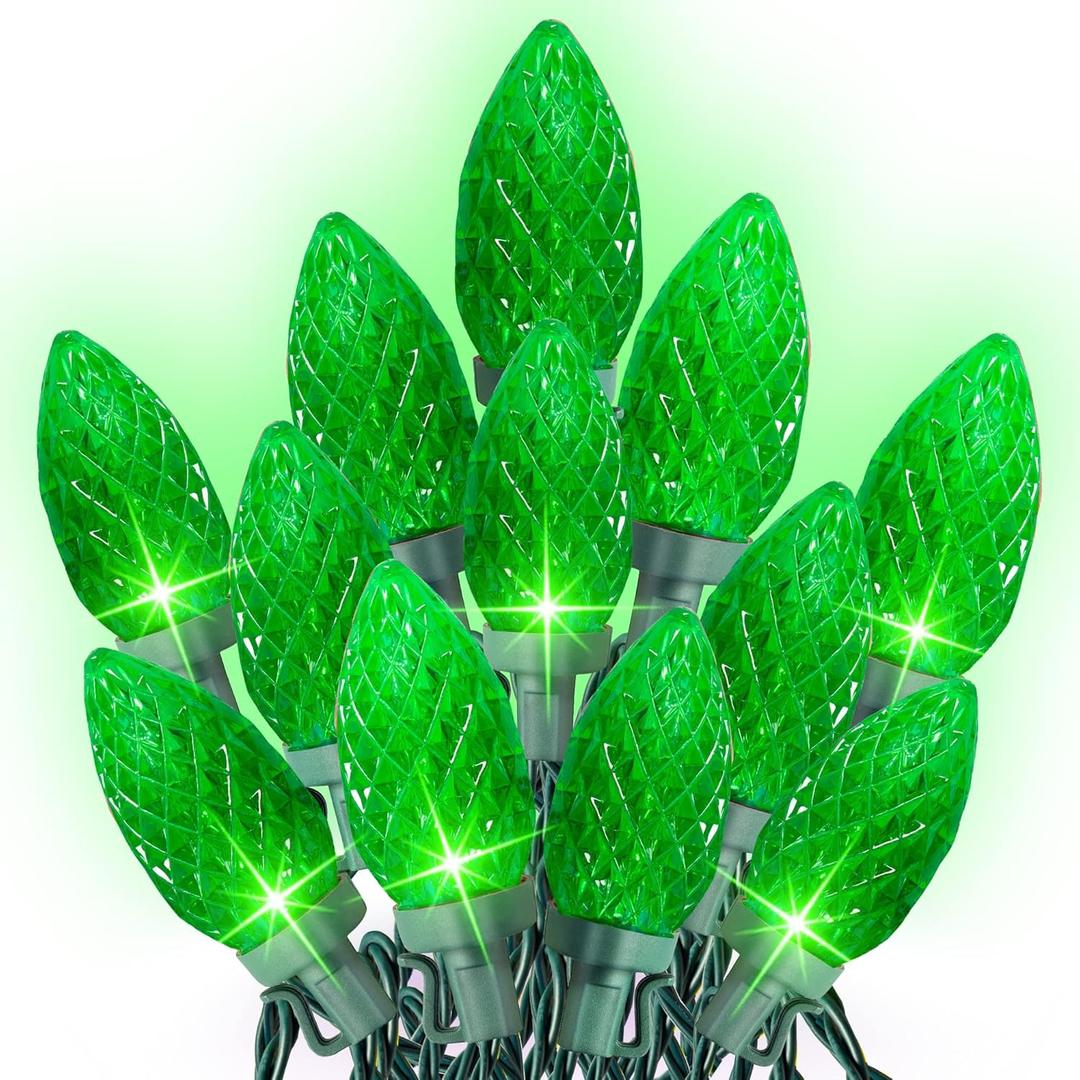 Dazzle Bright C9 Christmas String Lights, Waterproof Connectable Green Wire Fairy Lights, Christmas Lights for Indoor Outdoor Home Yard Xmas Tree House Decorations (Green, 100 LED)