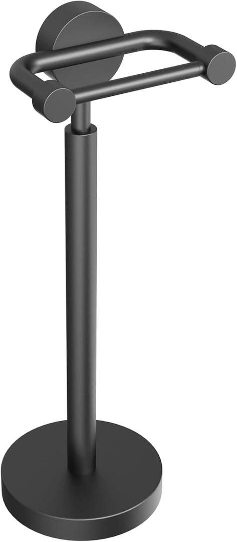 YUMORE Toilet Paper Holder Stand,Modern Freestanding Matte Black Bathroom Floor Standing Toilet Paper Roll Holder,Stainless Steel Round Weighted Base Bath Tissue Holder