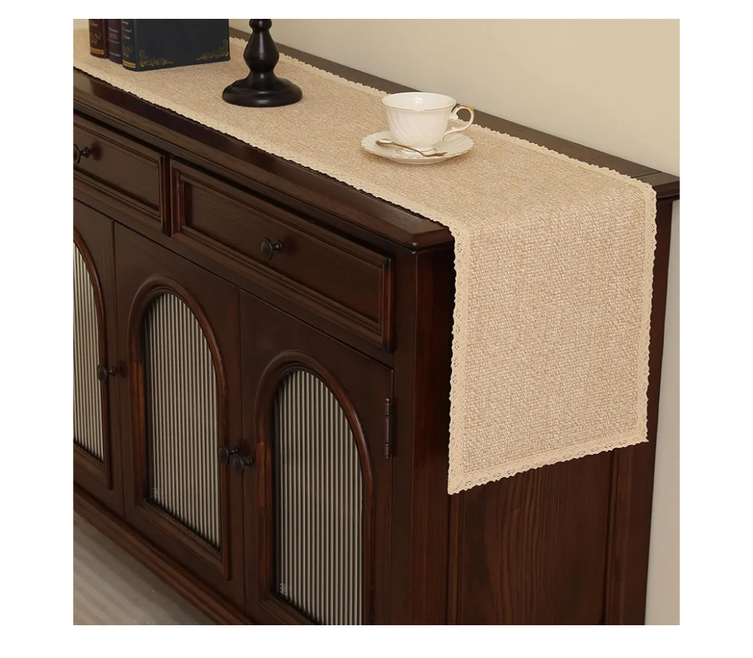 100% Pure Cotton Handwoven Table Runner with Lace: Beige Farmhouse Dresser Runner for Living Room, Non-Slip Dresser Cover Top, Machine Washable (12x72 inches)