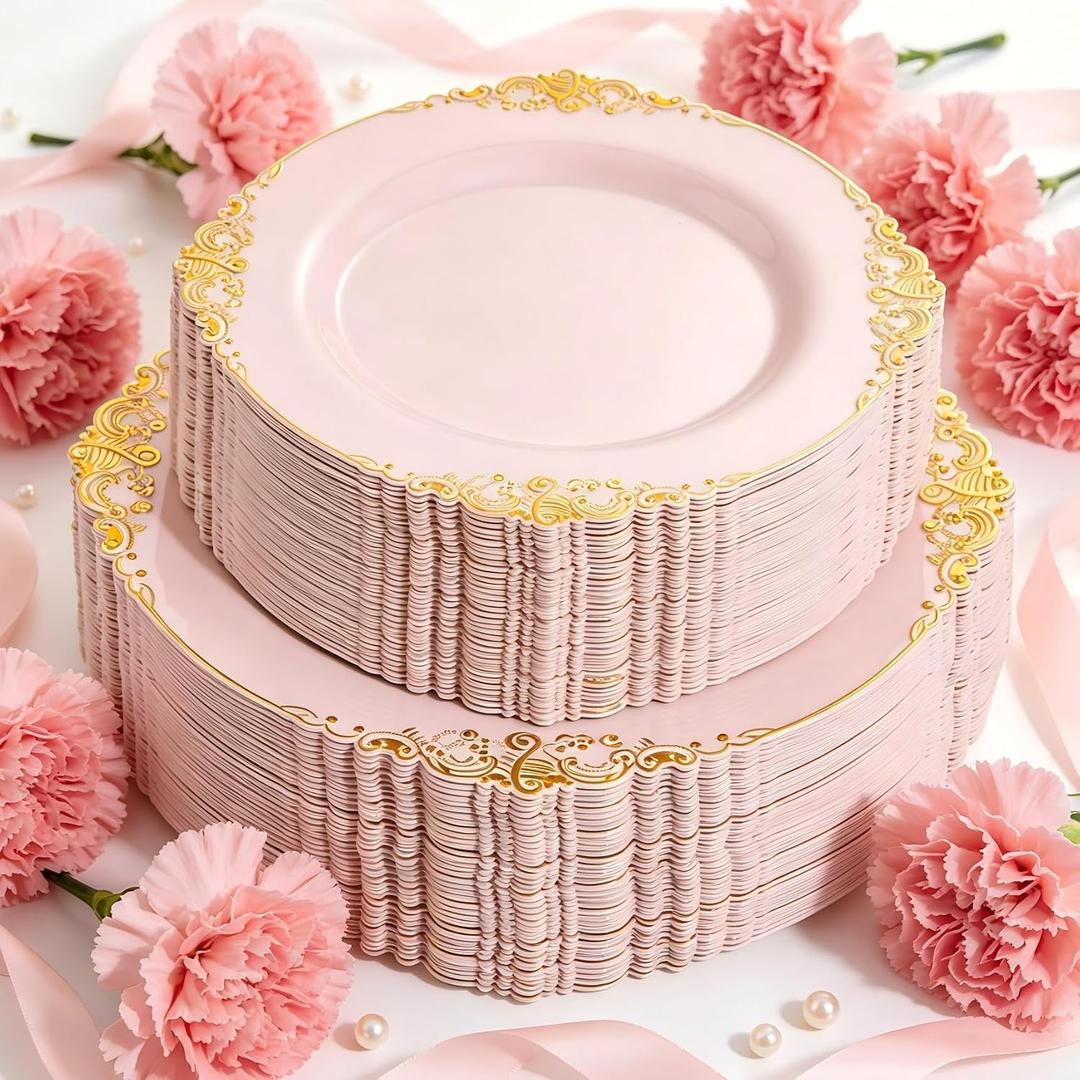 102PCS Pink Plastic Plates - Pink and Gold Plate - Heavyweight Disposable Plate with Gold Rim - Fancy Dinner & Dessert Plates for 51 Guests Weddings & Parties