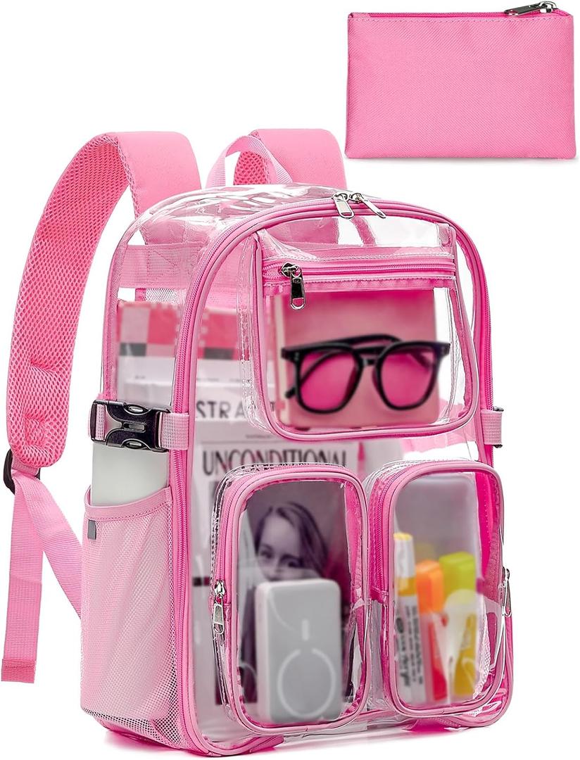 Heavy Duty Clear Backpack for Women Men Boys Girls, Large TPU Clear Bookbag with Accessories, Transparent See Through Backpack for School Sport College Work Travel Security, Pink