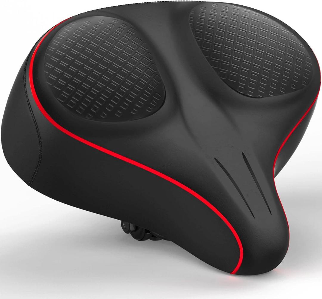 Xmifer Oversized Bike Seat - Comfortable Bicycle Saddle, Middle Groove Design, 2.95" Thick Memory Foam, Universal Fit Indoor Outdoor, Exercise or Road Bikes (Red)
