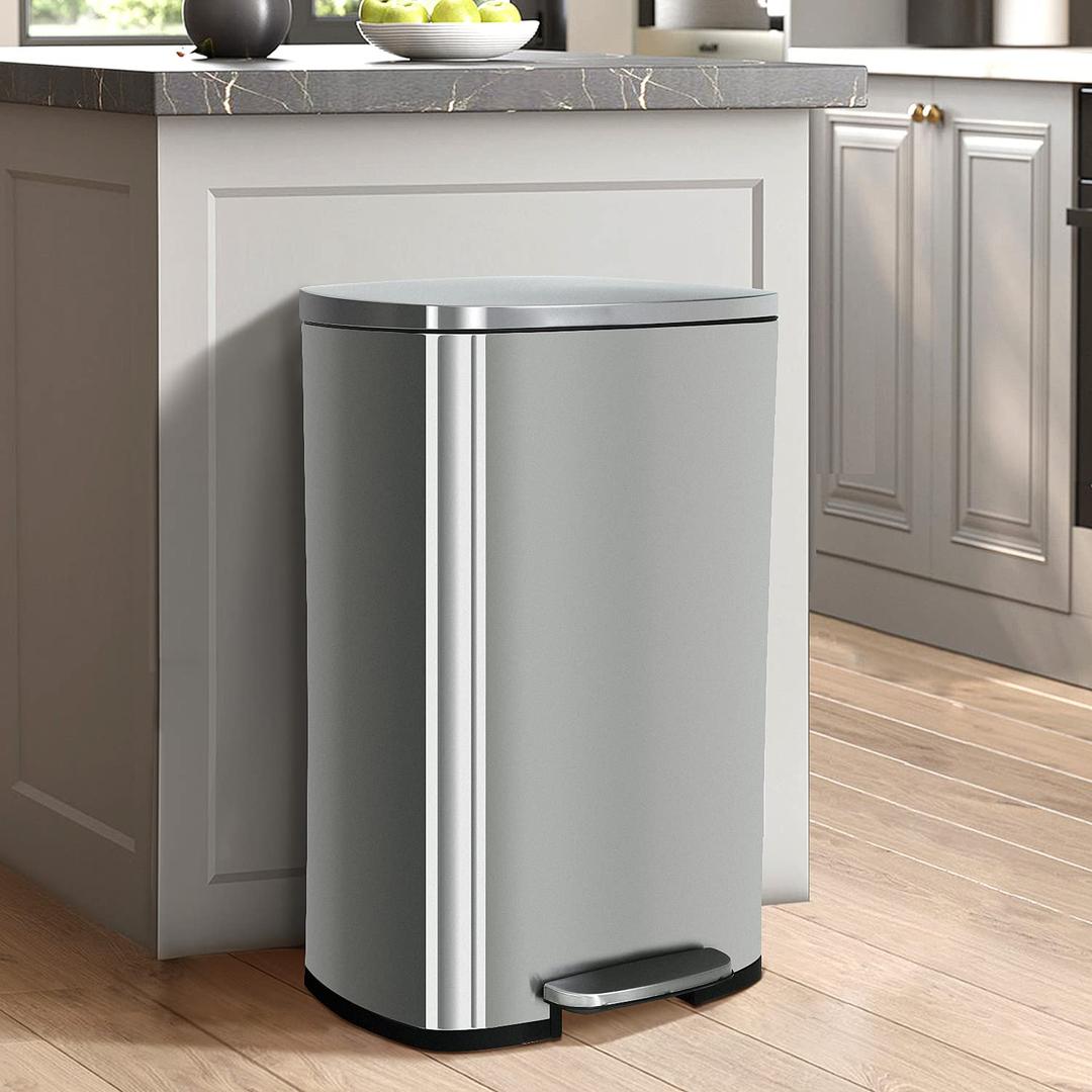 QUALIAZERO 50L/13Gal Heavy Duty Hands-Free Stainless Steel Commercial/Kitchen Step Trash Can, Fingerprint-Resistant Soft Close Lid Trashcan, 50L / 13 GAL