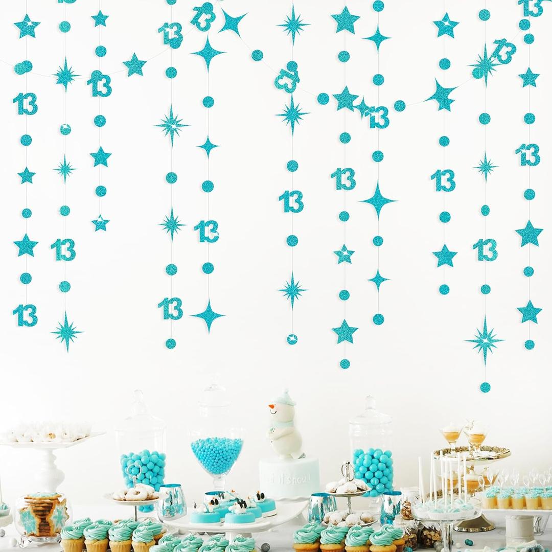 Teal Blue 13th Birthday Decorations Number 13 Circle Dot Star Garland Glitter Streamer Banner Backdrop for Girls Boys Official Teenager Cheers to 13 Years Old Birthday 13th Anniversary Party Supplies