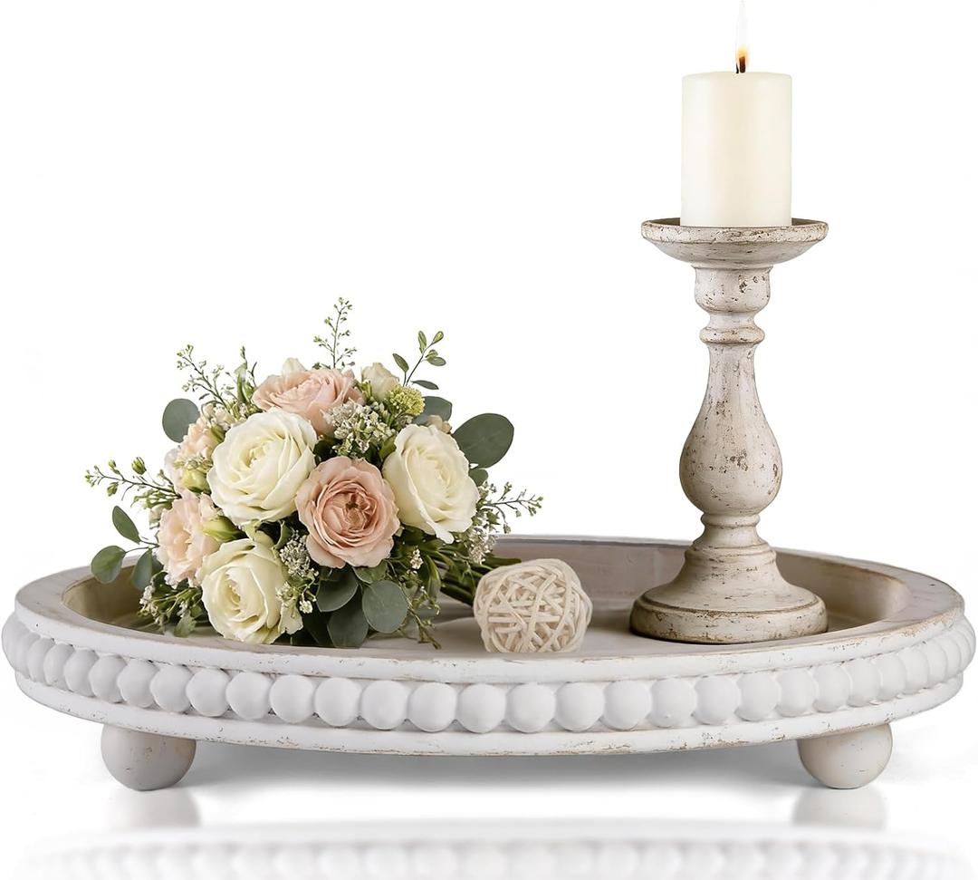 Decorative Coffee Table Tray, 12 Inch White Washed Wooden Beaded Tray with Removable Legs, Rustic Farmhouse Centerpiece Tray for Living Room, Kitchen Counter Decor