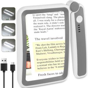 Rechargeable Magnifying Glass with Light for Reading, 5X Large Page Magnifier with LED Lighted for Seniors Low Vision, Folding Handheld Lightweight Rectangle Magnifier for Reading Book Small Print (Grey White)