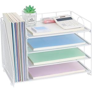 OPNCIE 4-Tier Paper Organizer with Magazine Holder, Desk Organizers and Accessories, Office Desk Accessories & Workspace Organizers, Desktop File Organizer for Office Supplies Storage, White (15" x 8.8" x 9.4")