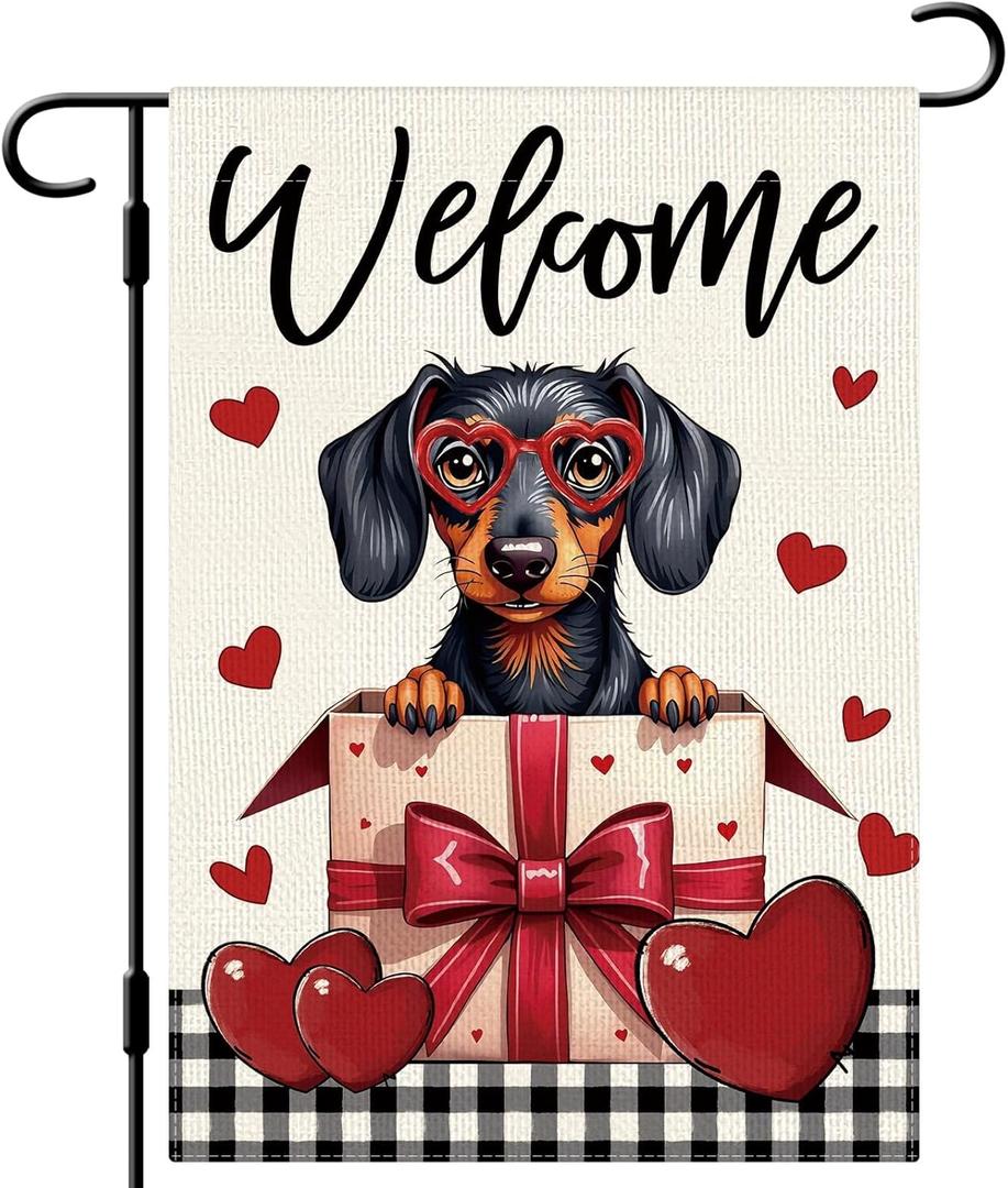 DLZDN Welcome Valentines Day Dachshund Dog Love Heart Garden Flag 1218 Inch Double Side Vertical Burlap Farmhouse Yard Sign Holiday Outdoor Decoration
