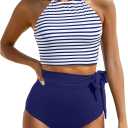 Tempt Me Women High Waisted Bikini Sets - Two Piece Swimsuit High Neck Bathing Suits Tummy Control Swimwear (Small, Blue Stripe)