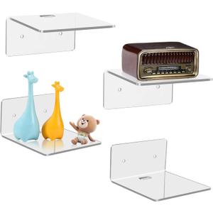 4 Pack Small Wall Shelf, 4'' Acrylic Wall Shelves Display Ledges for Storage & Decoration, Small Floating Shelf for Wall with 2 Types of Installation (Adhesive or Screw) (Clear)