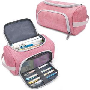 XQXA Extra Large Capacity Pencil Case Organizer, Multifunctional Pencil Pouch with Compartmens, Travel Simple Stationery Bag, Nylon Pencil Bag for Adults (Pink)