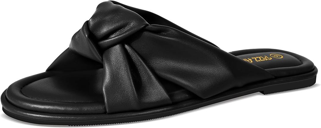 PIZZ ANNU Women's Camila Knotted Slide Sandals with Memory Foam, Comfortable Leather Slip-On Dressy Flat Sandals for Summer & Beach (8, Black)