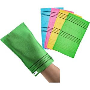 Modu 4 Pcs Korean Exfoliating Mitt Bath Washcloth 9.1 x 6 in - Asian Italy Towel (Large 4Pcs Green Skyblue Pink Yellow)