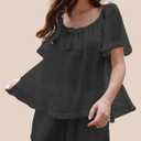 Esmeling Women Summer 2 Piece Pajamas Ruffled Short Sleeve Tops and Shorts Cute Bow Front Pajama Sets (Black, M)