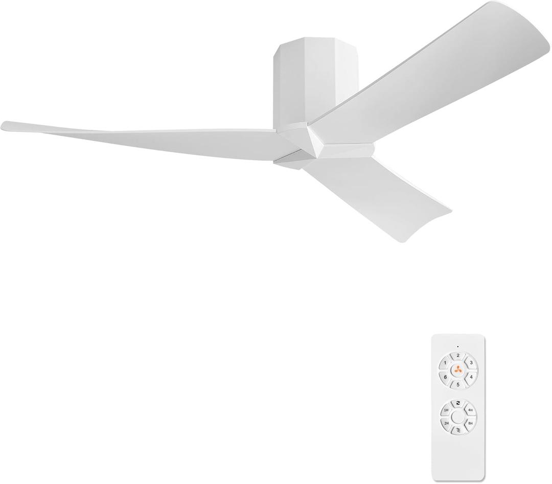 52" Ceiling Fan no Light - Gloss White DC Flush Mount Ceiling Fan, 3 ABS Plastic Curved Blades, 6 Speed Reversible DC Motor, Hugger Ceiling Fans No Light for Kitchen, Bedroom, Living Room