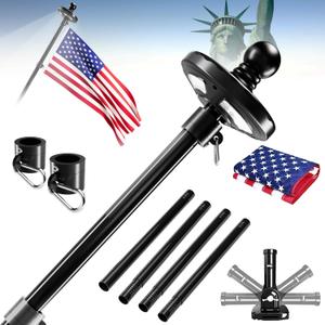 Sprookber 5ft Solar Light Flag Pole kit with American Flag – 180°Adjustable Bracket and Tangle Free Rings, Stainless Steel FlagPoles for Outside House, Residential or Commercial use, Black