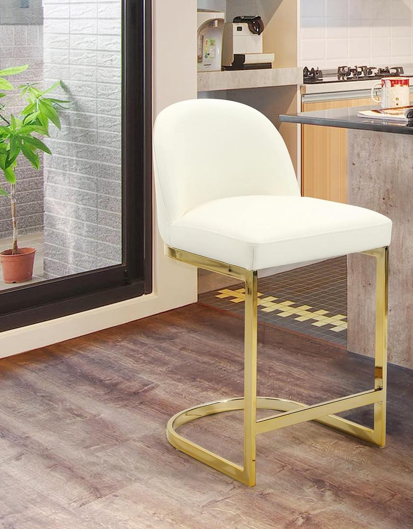 Iconic Home Xander Counter Stool Chair PU Leather Upholstered Armless Design Half-Moon Gold Plated Solid Metal U-Shaped Base Modern Contemporary, Cream