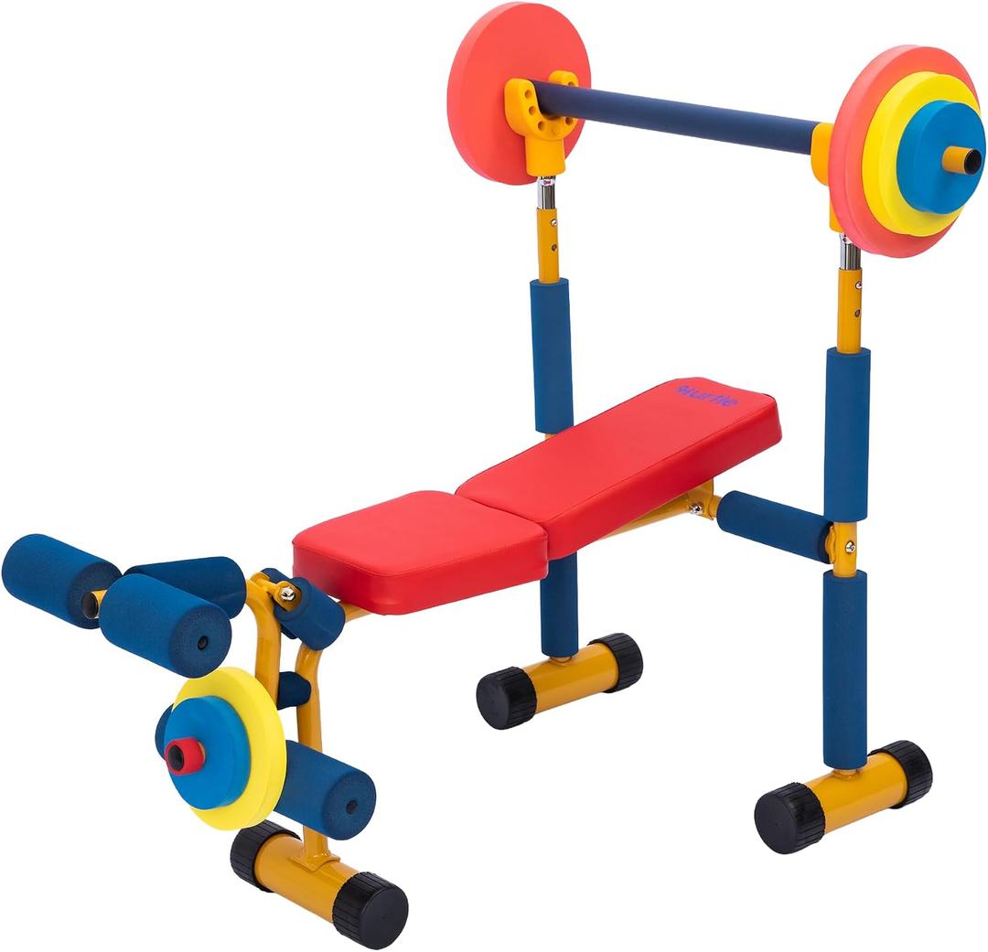 Hurtle Kids Exercise Bench Set, Sturdy Iron Frame Weight Bench with Adjustable Barbell Rack, Removable Foam Weights, Ages 3 to 8, Indoor Outdoor Kids Workout Gym Toy for Playroom, Home Gym, Classroom