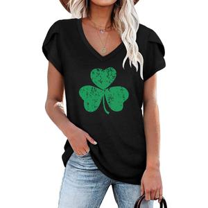 Roshop 4th of July Shirt Women Petal Sleeve American Flag Star Stripes Pattern Patriotic Shirts (Large, Black Green Clover)