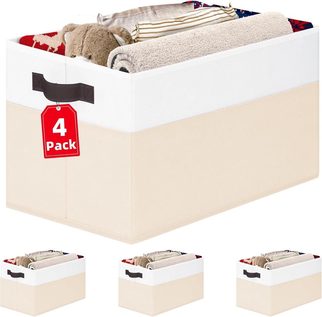 Criusia 4 Pack Baby Clothes Organizer Bins, Fabric Collapsible Storage Baskets with Handles, Odorless Storage Bins for Toy Clothes Nursery Kids Room Playroom Classroom (14L*10W*9.5H) (White with Beige)