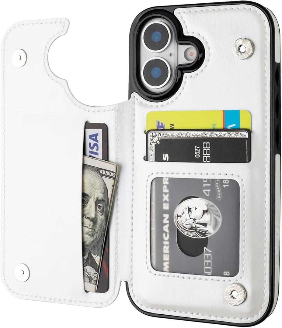 ONETOP Compatible with iPhone 17 Wallet Case with Card Holder, PU Leather Kickstand Card Slots Case, Double Magnetic Clasp and Durable Shockproof Cover 6.3 Inch (White)