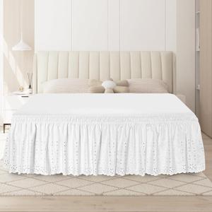 Twin Bed Skirt, Wrap-Around Elastic Ruffled Eyelet Bed Skirt Twin Size Dust Ruffle with Gathered Styling and Embroidered Details, 18" Drop Length (White)