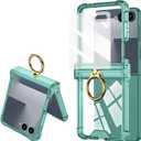 for Samsung Galaxy Z Flip 7 Clear Case Hinge Protection with Ring Holder & Screen Protector Soft All-Inclusive Shockproof Cover for Samsung Galaxy Z Flip 7 (Green)