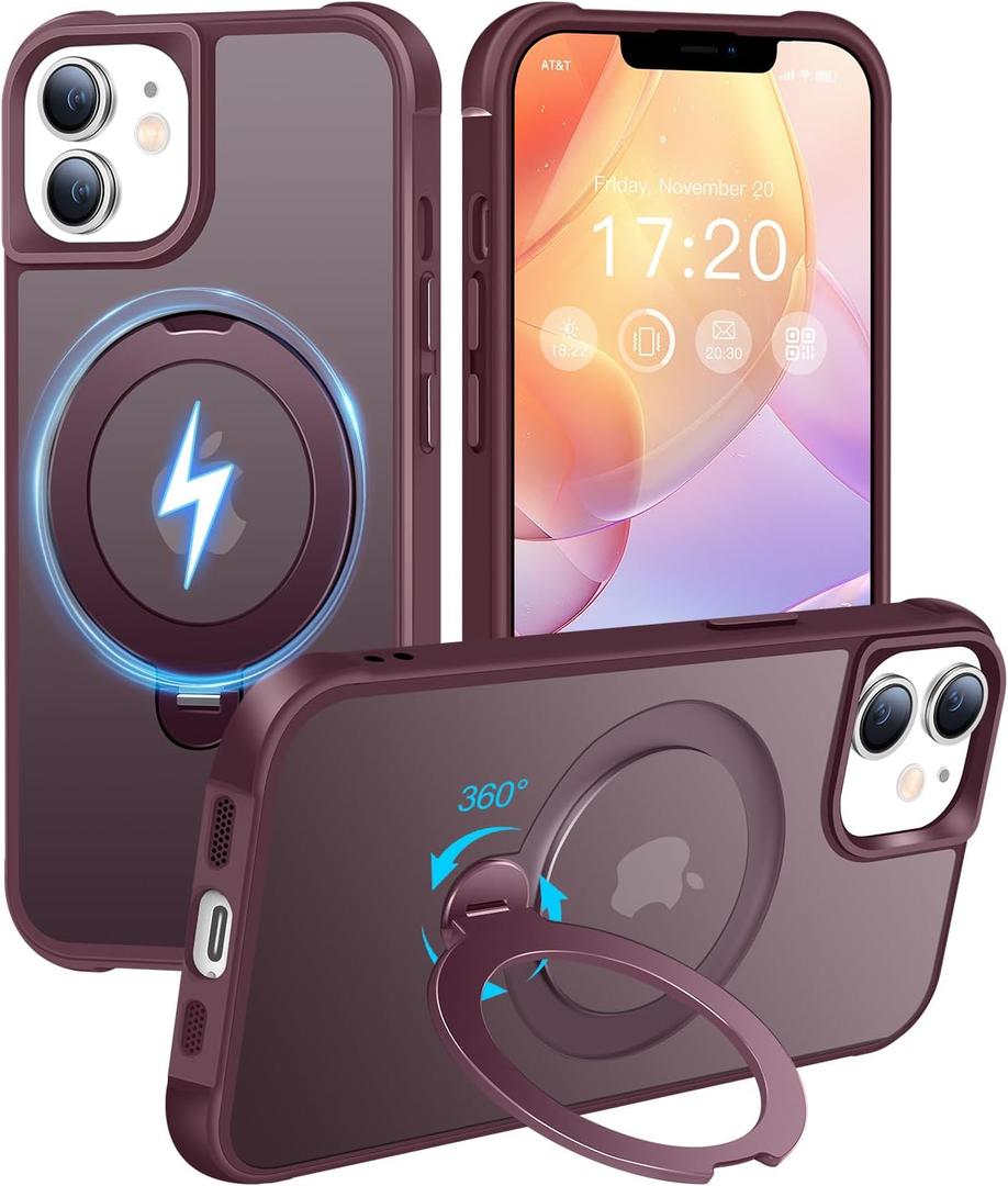 HuwaiH 360 Rotatable Magnetic Ring Stand for iPhone 12/12 pro Case, Compatible with MagSafe, Military-Grade Shockproof, Anti-Scratch Matte Translucent Phone Case(Burgundy)