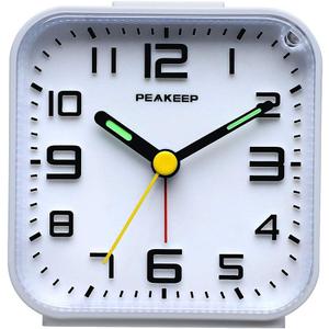 Peakeep 3D Numbers No Tick-Tock Analog Alarm Clock with Classic Beep Sound, Snooze, Manual Light and Battery Powered Small for Travel (White-3D)