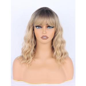 Blonde Wavy Wig with Bangs for Women Shoulder Length Synthetic Wigs Natural Wavy Blonde With Dark Brown Roots Heat Resistant for Daily Party Use (14 Inch, Ombre Blonde 01)