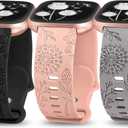 Minyee 3 Packs Floral Engraved Band Compatible with Fitbit Versa 2/Versa Lite, Soft Silicone Dandelion Flower Pattern Sport Designer Fancy Summer Strap (Black & Pink& Gray)