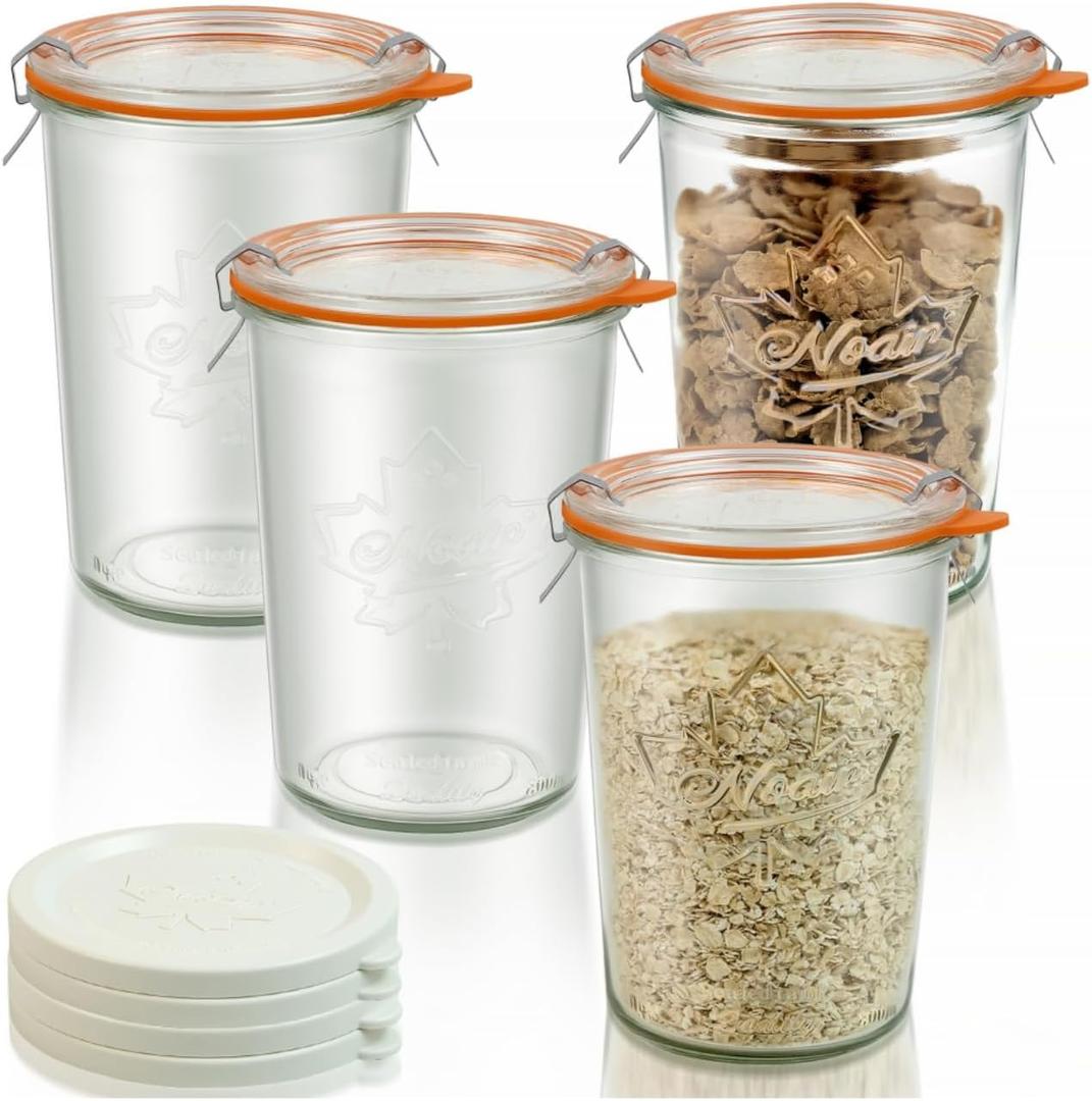 Freshmage Canning Jars 27 oz 4 Pack, Sourdough Starter Jars with 2 Lids Per Jar (Glass Sealing Lid & Plastic Lid), 800ML Wide Mouth Airtight Glass Storage Containers for Pickles, Yogurt, Pasta, Cereal
