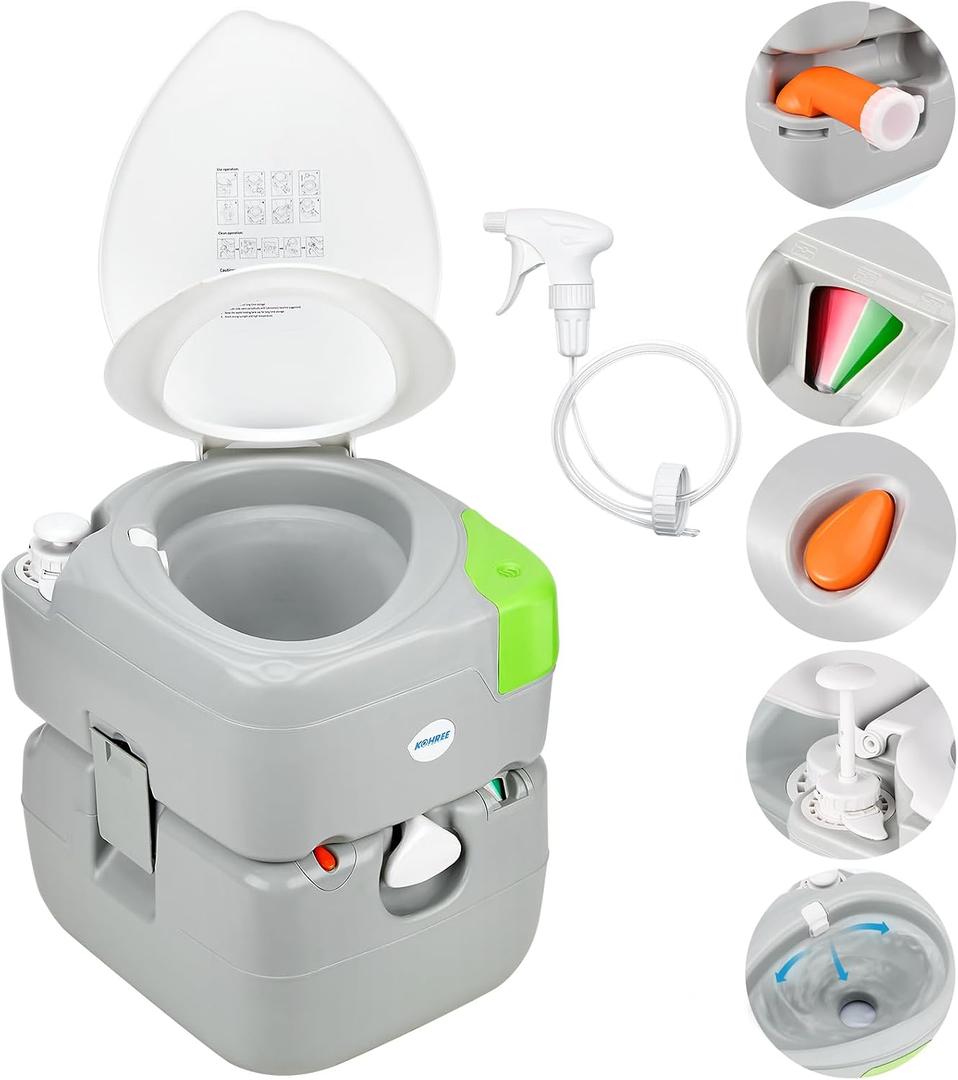 Kohree 5.8 Gal Camping Toilet: Portable Toilet for Adults with Diagonal Elongated Bowl Seat, Large Waste Tank, Leak-Proof Cassette with Level Indicator, RV Travel Porta Potty for Boat Trip Home Use