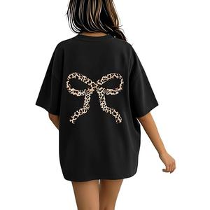 RoseSeek Girl's Bow Leopard Graphic Tees Short Sleeve Preppy Summer T Shirt Aesthetic Baggy Tops Leopard Black 11Y