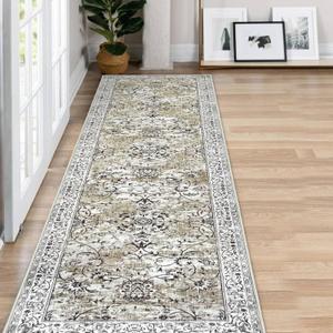 KILOCOCO Hallway Runner Rug 2x8 Runner Rug Washable Kitchen Runners Printed Vintage Floral Non-Slip Soft Low Pile Rubber Backed Distressed Runners for Laundry Room Bedroom, Mossy Taupe (2' x 8' (Runner))