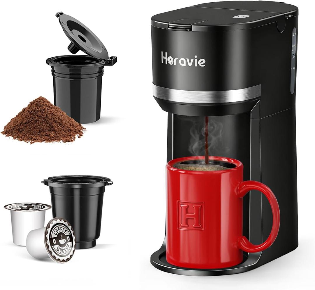 Horavie Mini Single Serve Coffee Maker for K Cup and Ground Coffee, Fast Brew One Cup Coffee Machine with Descaling Reminder and Water Window, 6 to 12 oz. Brew Sizes, Black (9.45 Inches)