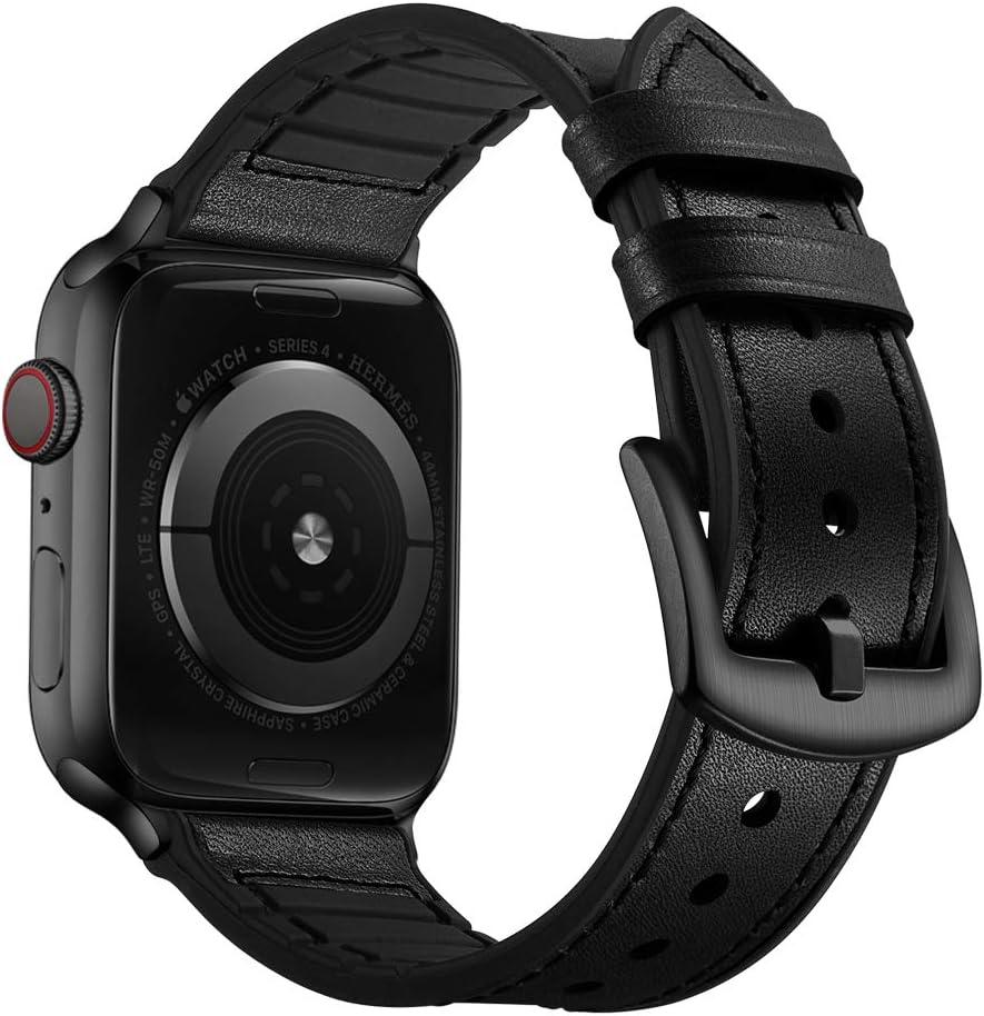 OUHENG Leather Bands Compatible with Apple Watch Band 49mm/46mm/45mm/44mm/42mm, Leather Rubber Hybrid Strap for iWatch Ultra 3/2/1 Series 11 10 9 8 7 6 5 4 3 2 1 SE 3/2/1, Black/Black