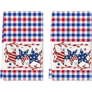 Artoid Mode Blue Red Buffalo Plaid Stars Patriotic 4th of July Kitchen Towels Dish Towels, 18x26 Inch Memorial Day Decoration Hand Towels Set of 2
