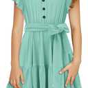 storeofbaby Girls Short Sleeve Dress V Neck Button Ruffle Hem Dresses with Belt (Green, S)