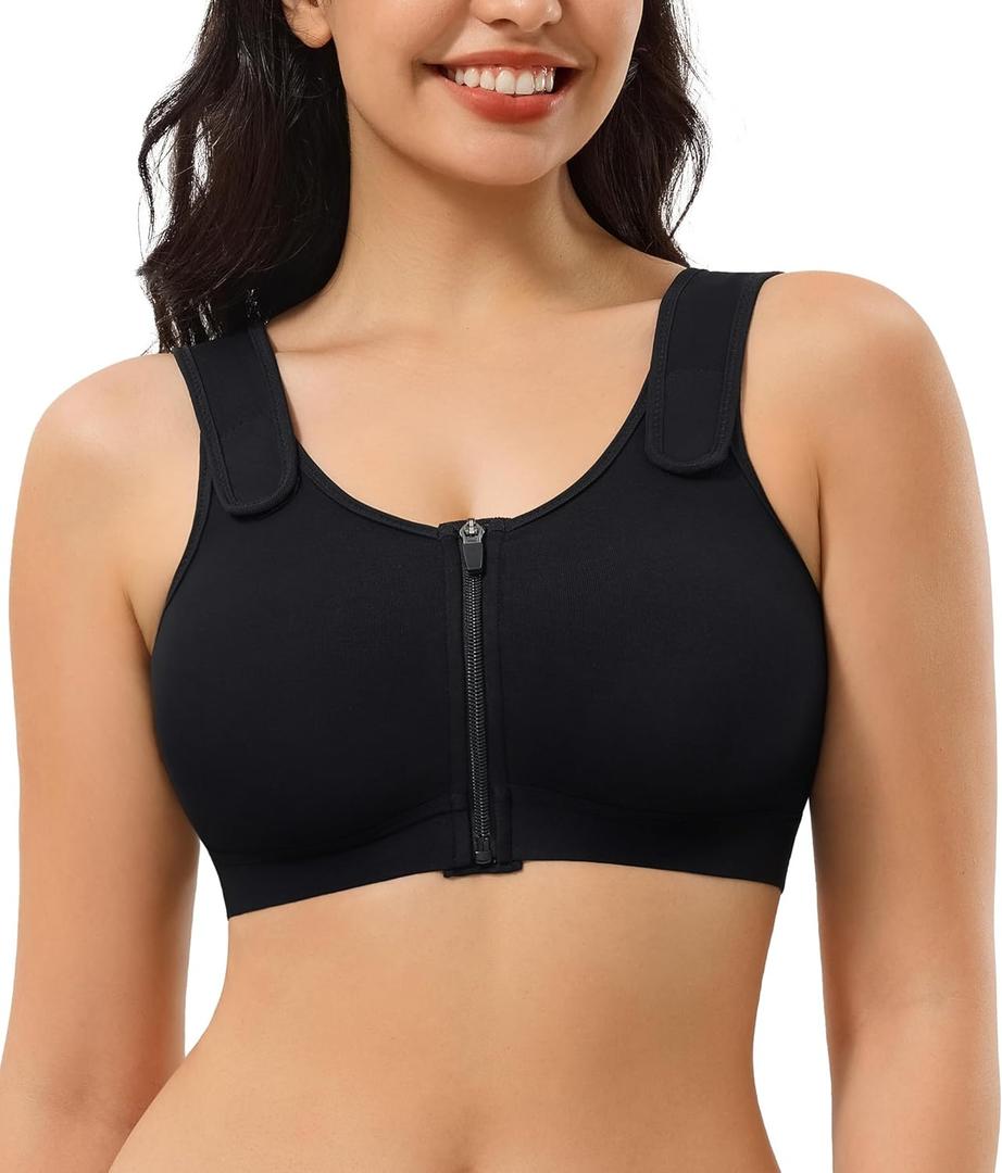 CYDREAM Zip Front Closure Wireless Bras for Women Full Coverage Post Surgery Compression Back Smoothing Comfort Adjustable (Large, Black)