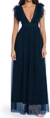 Women's Elegant Sleeveless Deep V Neck Mesh Ruffle Long Formal Party Evening Dress XL