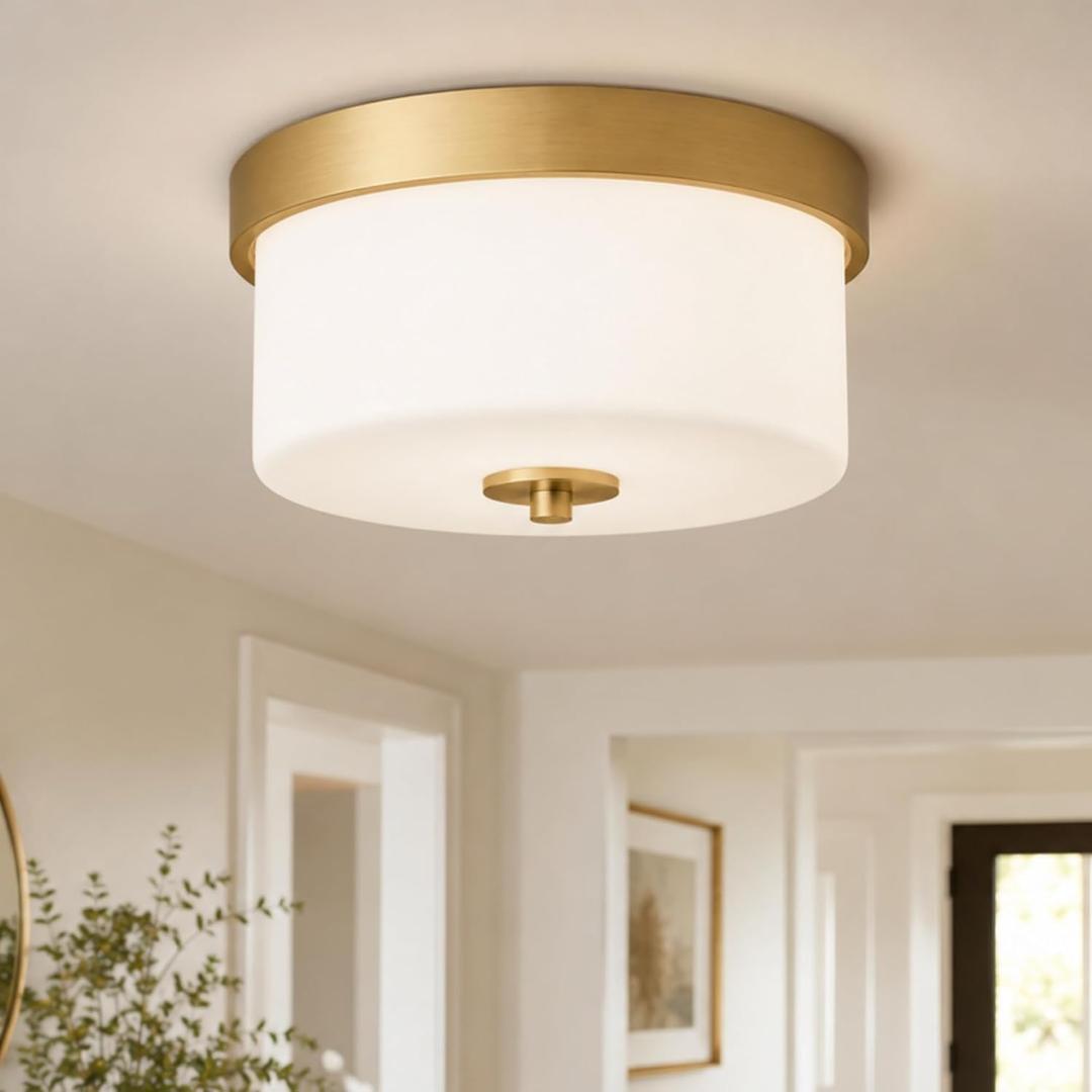 Emak 11 Inch Brushed Gold Flush Mount Ceiling Light Fixture, 2Light Fixtures Ceiling Mount with Milk Glass Shades for Hallway, Kitchen, Bathroom, Dining Room, FM082GDML