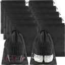 Large Black Travel Shoe Bags - 10 Pcs with Clear Window, Non-Woven Drawstring, 12.6" X 17.3" for Men Women