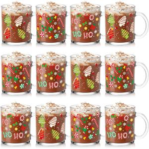 Baderke 12 Pcs Winter Glass Mugs Gifts Set 12 oz Snowflake Coffee Mugs Bulk with Handle Winter Coffee Cups Christmas Glass Cups for Women Men Holiday Milk Hot Cocoa Kitchen Party Decor